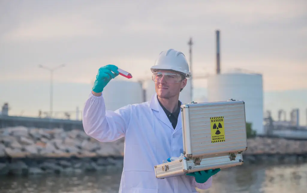 Environmental technician wearing safety gear analyzing a water sample near an industrial facility.